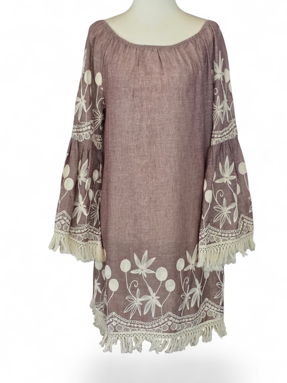Indigo Soul Boho Embroidered Tassel Tunic Dress - Nuetral & Cream